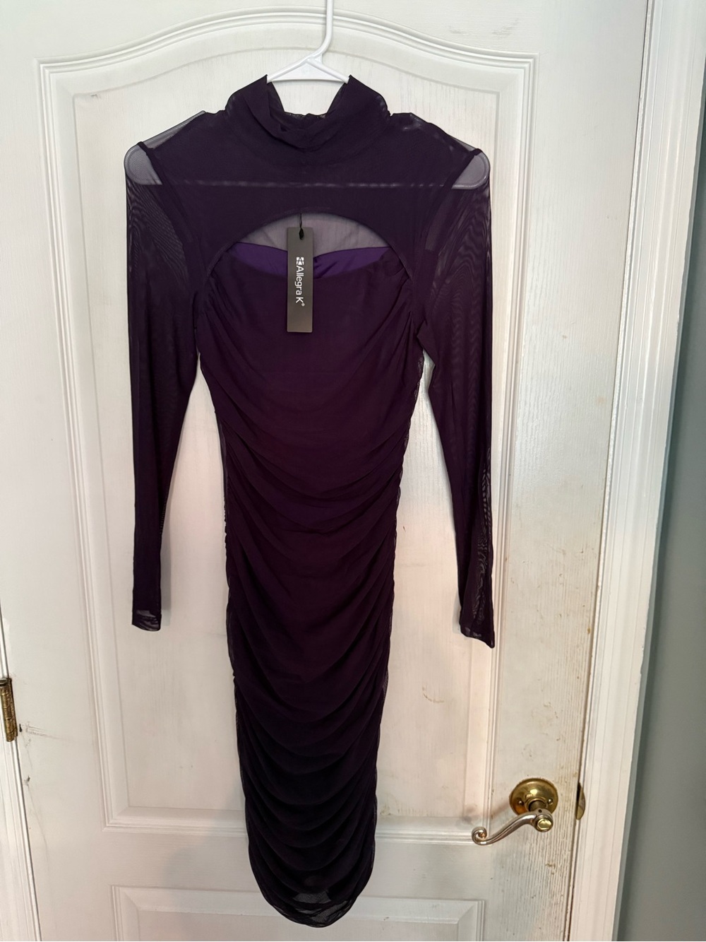 Allegra K Purple Ruched Mesh Long Sleeve Midi Dress